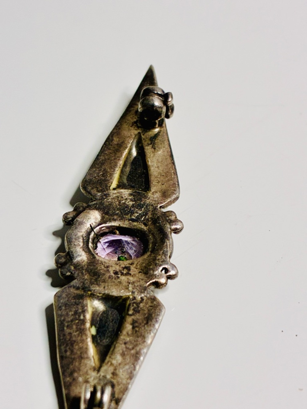 925 Victorian Inspo Art Deco VTG BL Onyx Inlayed Amethyst Marcasite Bar Brooch - Picture 13 of 13